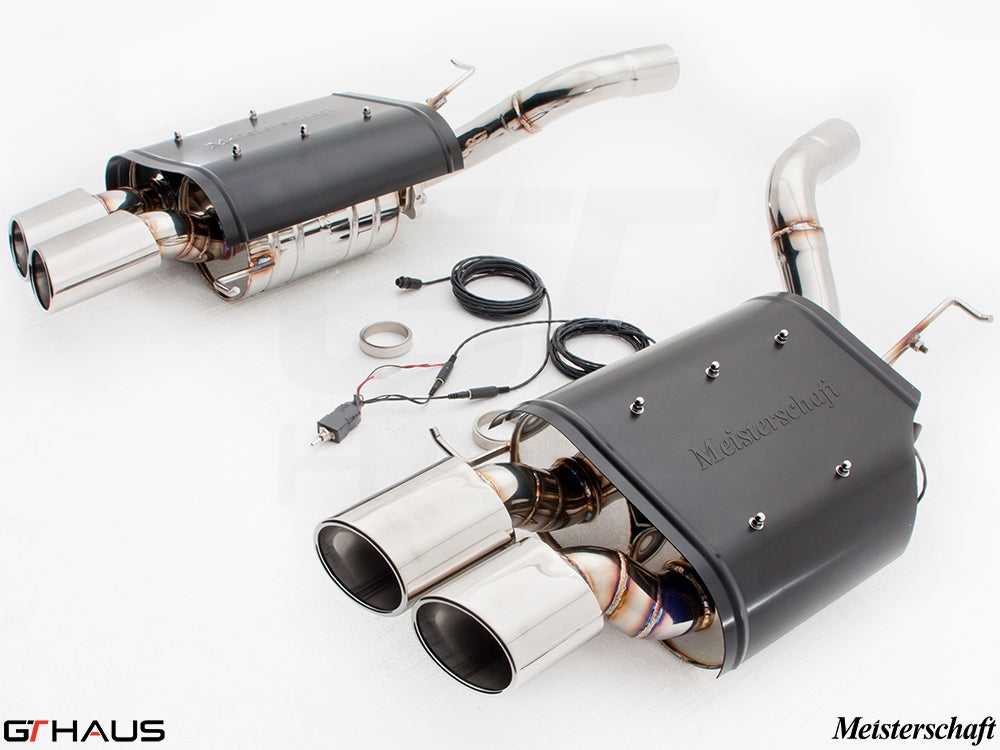 Premium Meisterschaft exhaust system for BMW E60 M5 Sedan V10, featuring dual tips and electronic valve control.