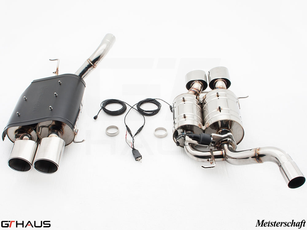 Premium Meisterschaft exhaust system for BMW E60 M5 Sedan V10, featuring stainless steel construction and electronic valve control.