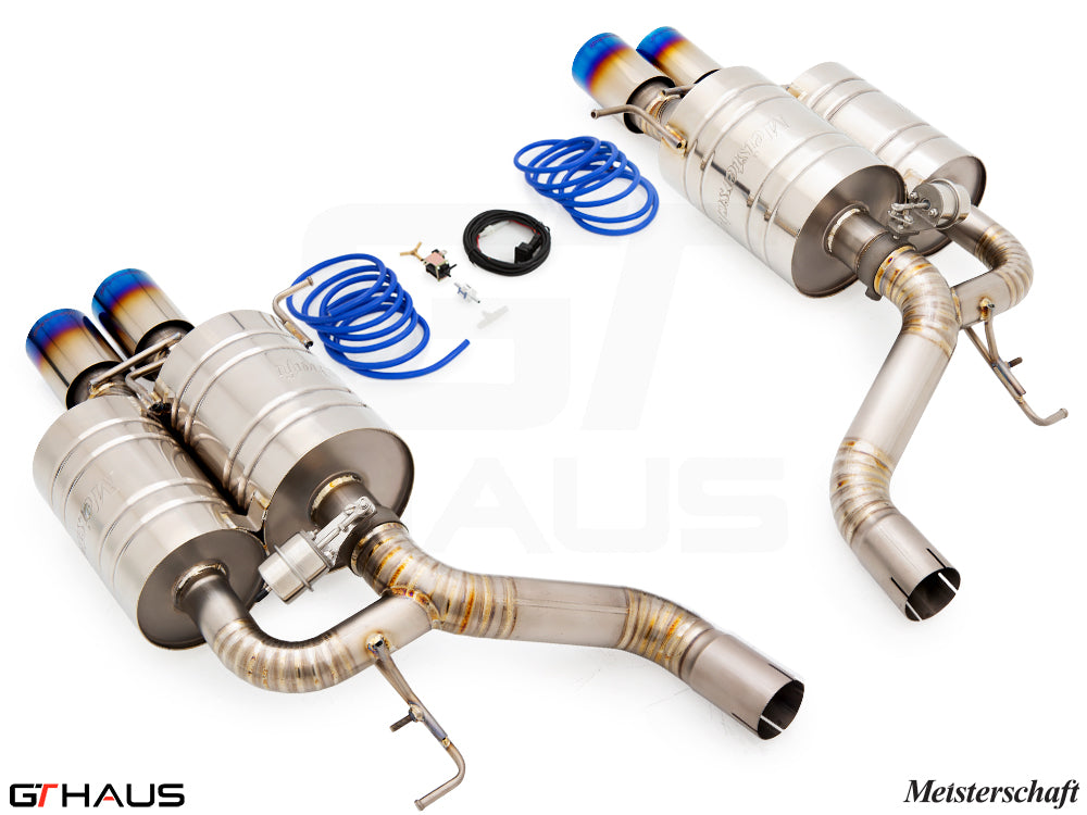Premium Meisterschaft exhaust system for BMW E60 M5 Sedan V10, featuring stainless steel construction and electronic valve control.