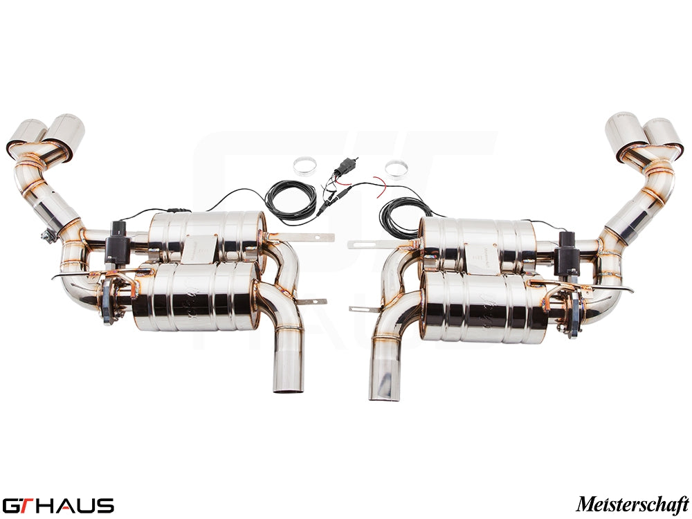 Premium Meisterschaft exhaust system for BMW E70 X5 SAV 4.8i, featuring stainless steel construction and electronic valve control.