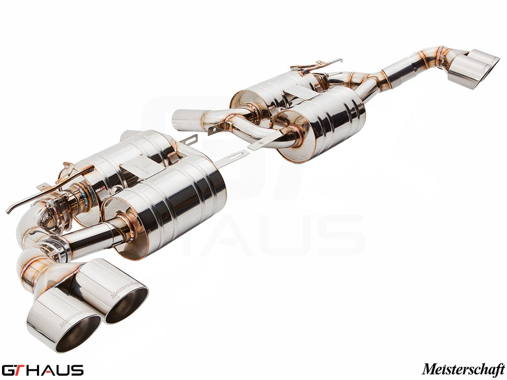Premium performance exhaust system for BMW E70 X5 4.8i, featuring polished stainless steel construction and dual tips.