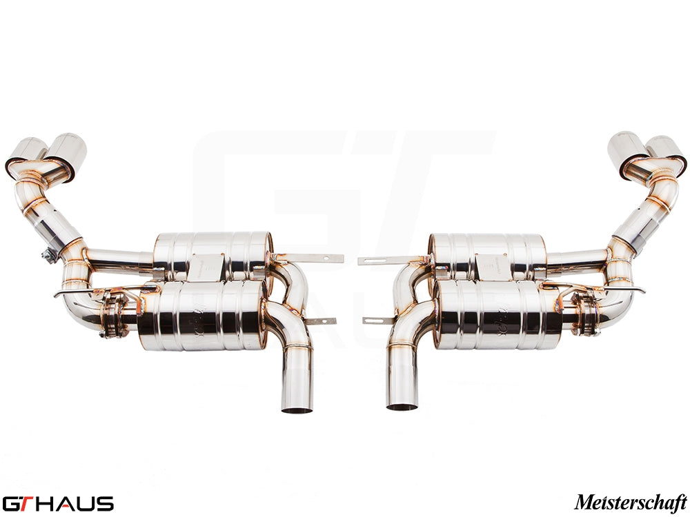 Premium performance exhaust system for BMW E70 X5 4.8i, featuring stainless steel construction and Meisterschaft branding.