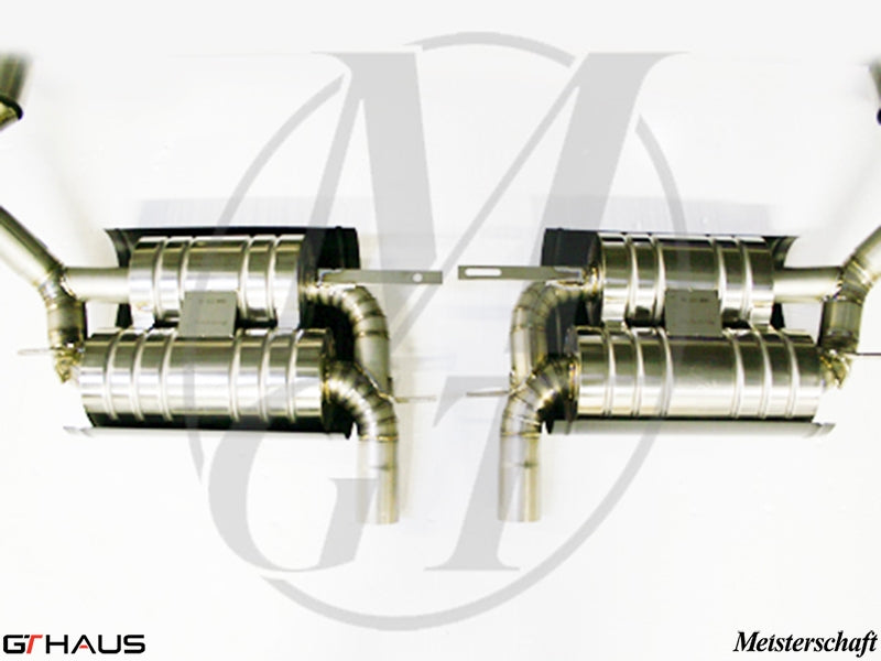 Premium performance exhaust system for BMW E70 X5 SAV 4.8i, featuring stainless steel construction and Meisterschaft branding.