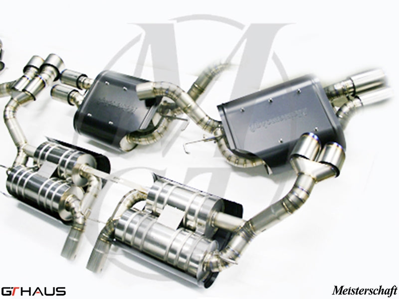 Premium exhaust system for BMW E70 X5 SAV 4.8i (2007-2013) featuring stainless steel construction and Meisterschaft branding.