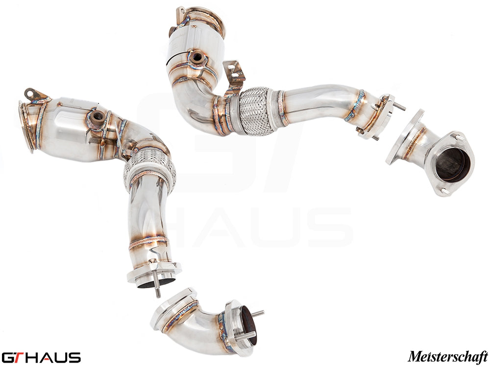 BMW E70 X5 2007-2013 down pipe with 400CEL sport cats, designed for X5M S63 and X5 5.0i models. High-performance stainless steel construction.