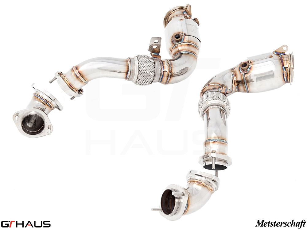 BMW E70 X5 2007-2013 down pipe with 400CEL sport cats, featuring stainless steel construction and precision welding.