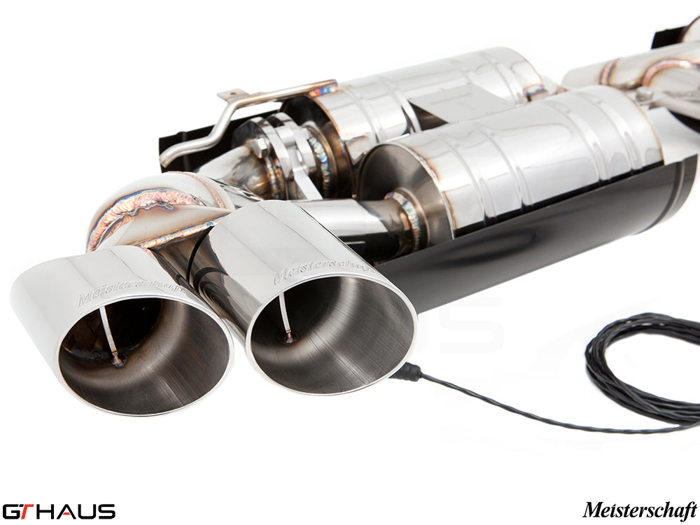 Premium exhaust system for BMW E70 X5 5.0i, featuring polished tips and electronic valve control for enhanced performance.