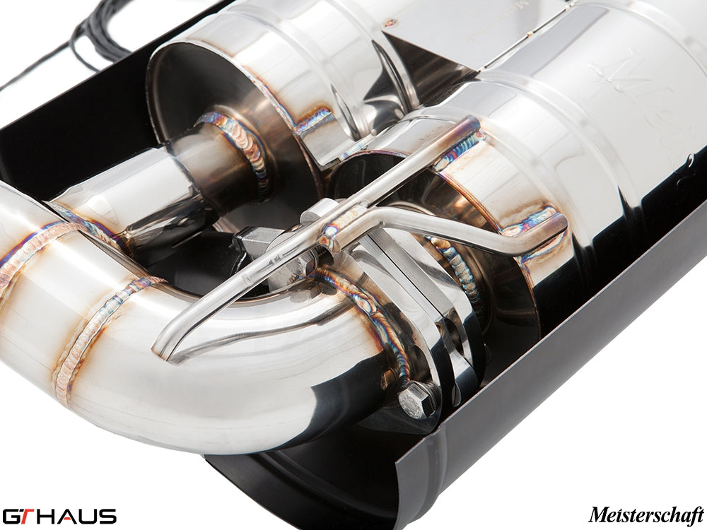 Premium exhaust system for BMW E70 X5 5.0i featuring polished stainless steel and electronic valve control.