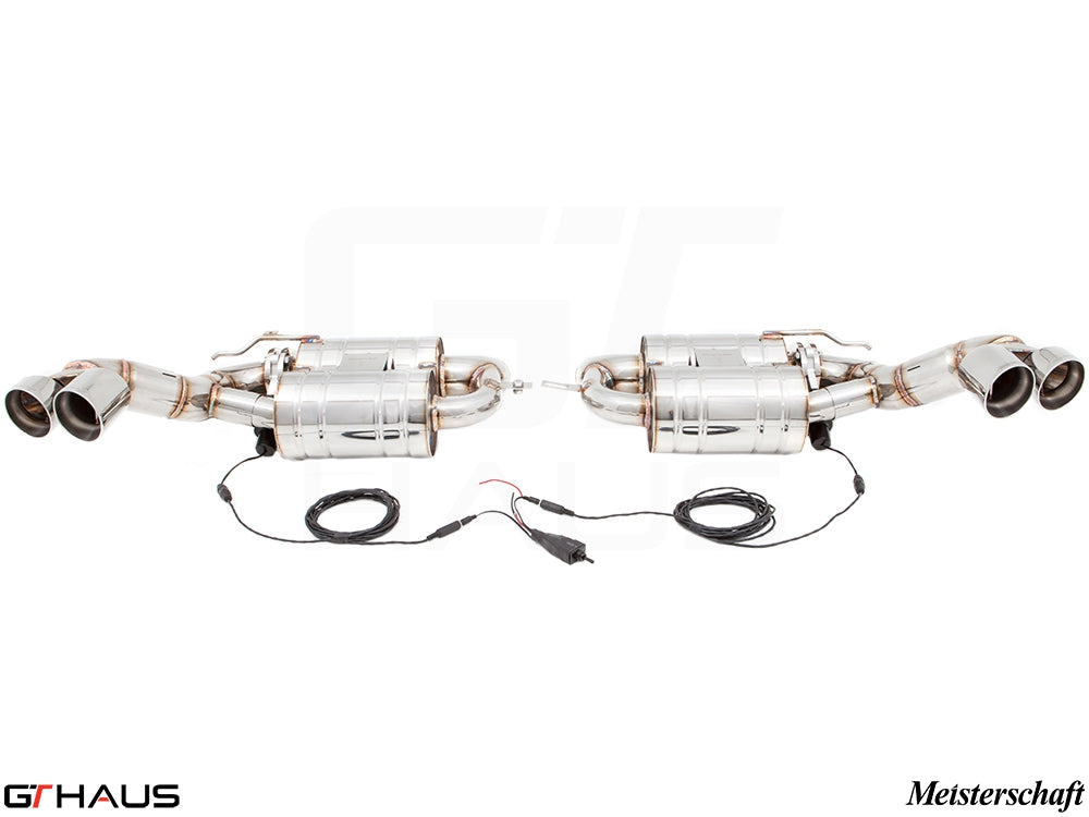 Premium performance exhaust system for BMW E70 X5 SAV 5.0i, featuring dual tips and electronic valve control.