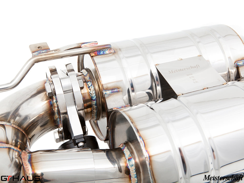 Premium Meisterschaft exhaust system for BMW E70 X5 SAV 5.0i, showcasing high-quality stainless steel craftsmanship.
