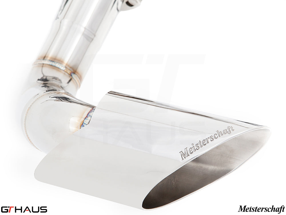 Premium Meisterschaft exhaust tip for BMW E71 X6 SAV Sport 3.5i, showcasing polished stainless steel design and branding.