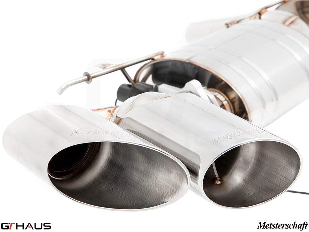 Premium Meisterschaft exhaust system for BMW E71 X6 SAV Sport 3.5i, featuring polished stainless steel tips and electronic valve control.