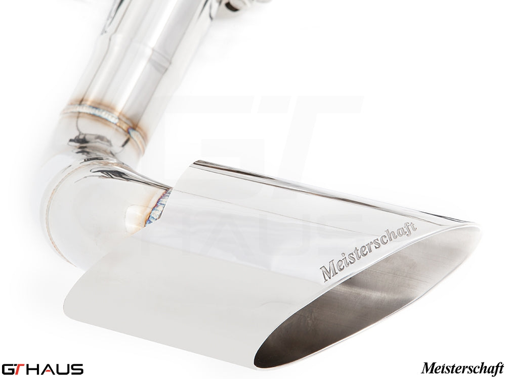 Premium Meisterschaft exhaust tip for BMW E71 X6 SAV Sport 3.5i, featuring polished stainless steel finish.