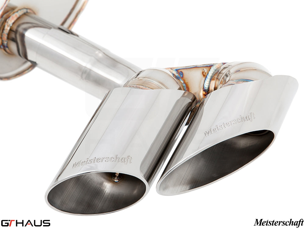 Premium Meisterschaft exhaust tips for BMW E71 X6 SAV Sport 3.5i, showcasing polished stainless steel finish and craftsmanship.