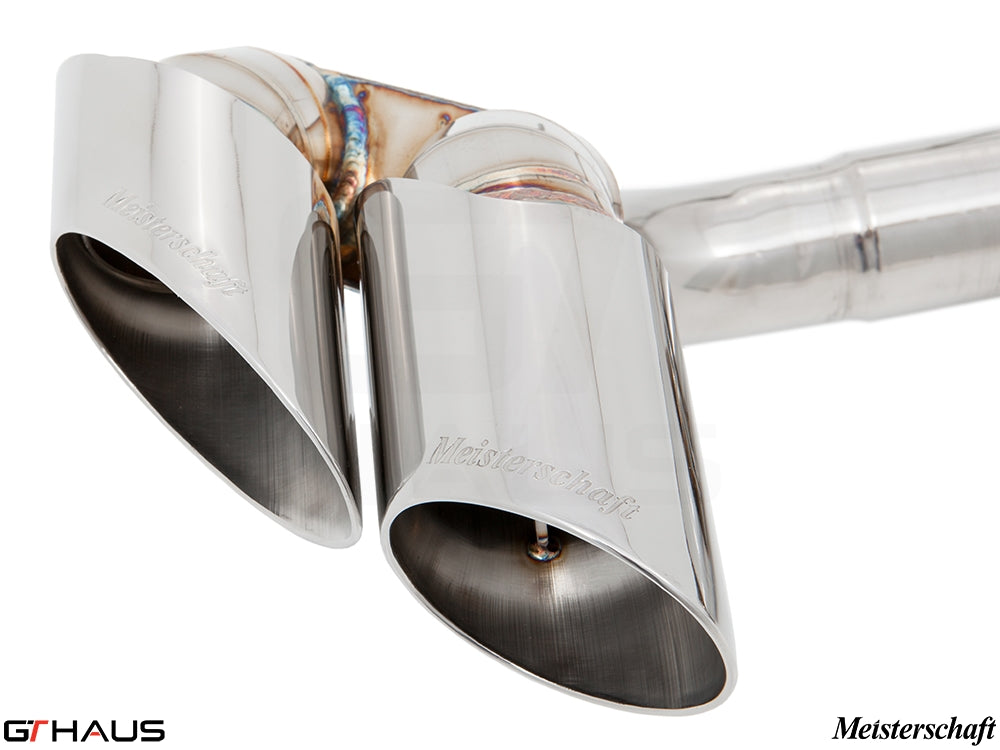 Premium Meisterschaft exhaust tips for BMW E71 X6 SAV Sport 3.5i, featuring polished stainless steel design.