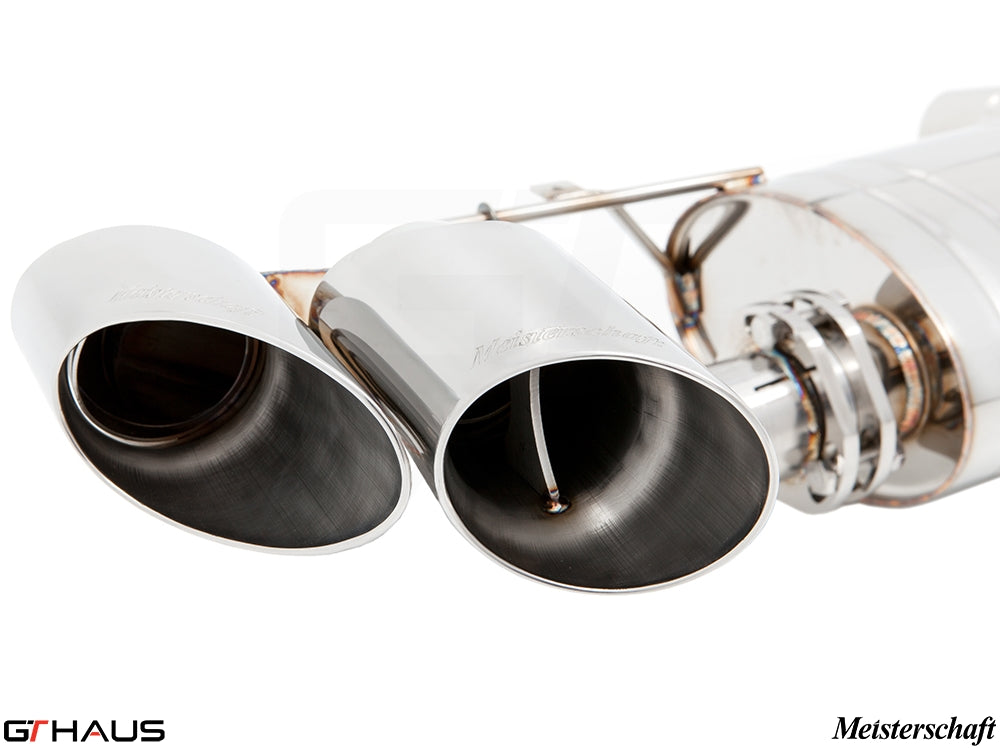 Premium Meisterschaft exhaust tips for BMW E71 X6 SAV Sport 3.5i, showcasing polished stainless steel design.