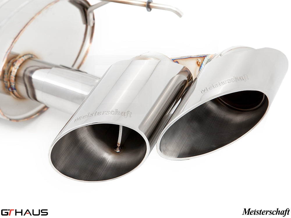Premium Meisterschaft exhaust tips for BMW E71 X6 SAV Sport 3.5i, showcasing polished stainless steel finish.