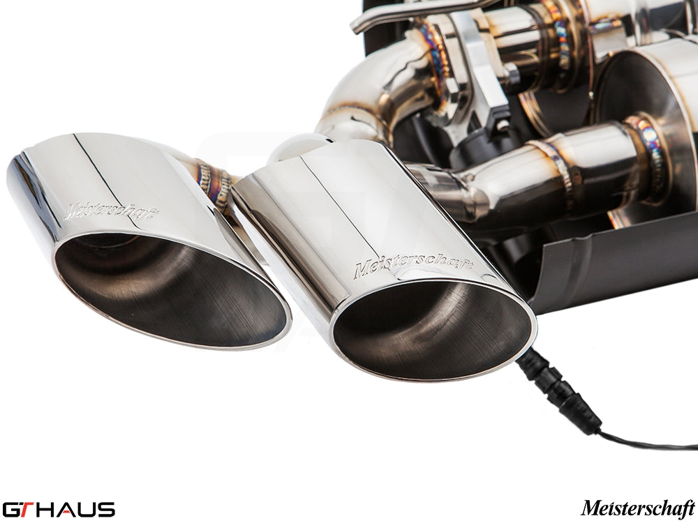 Premium Meisterschaft exhaust tips for BMW E71 X6 SAV Sport 5.0i, showcasing polished stainless steel finish and craftsmanship.