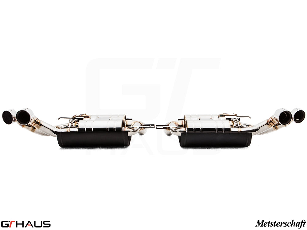 Premium exhaust system for BMW E71 X6 SAV Sport 5.0i, featuring dual tips and Meisterschaft branding.