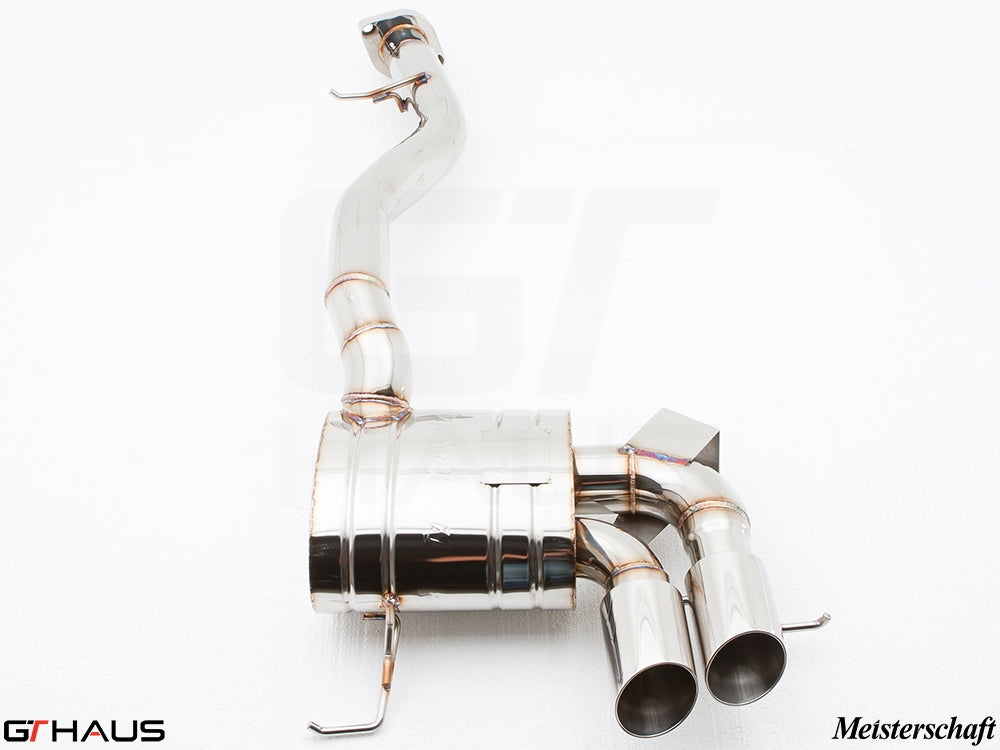 Premium performance exhaust system for BMW E82/88 1 Series 135i, featuring polished stainless steel and dual tips.
