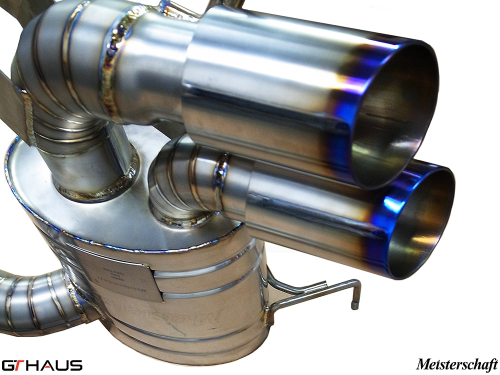 Premium Meisterschaft exhaust system for BMW E82/88 135i, featuring polished stainless steel tips and advanced design.