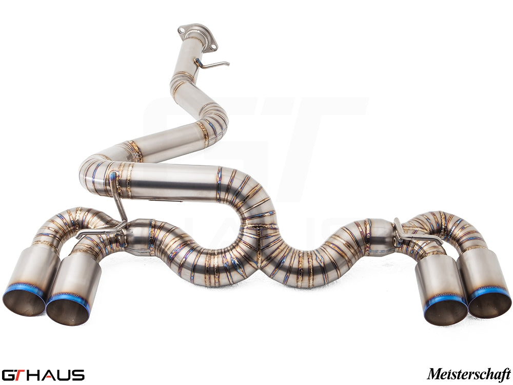 Premium Meisterschaft exhaust system for BMW E82/88 1 Series 1M Coupe, featuring stainless steel construction and quad tips.