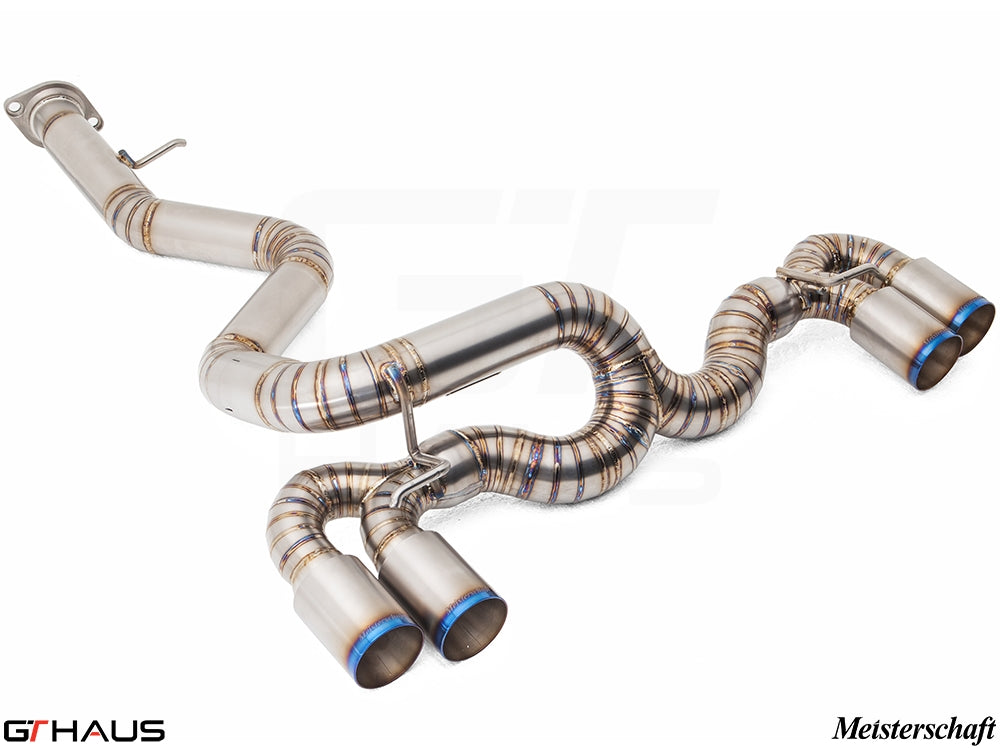 Premium Meisterschaft exhaust system for BMW E82/88 1 Series 1M Coupe, featuring stainless steel construction and quad tips.
