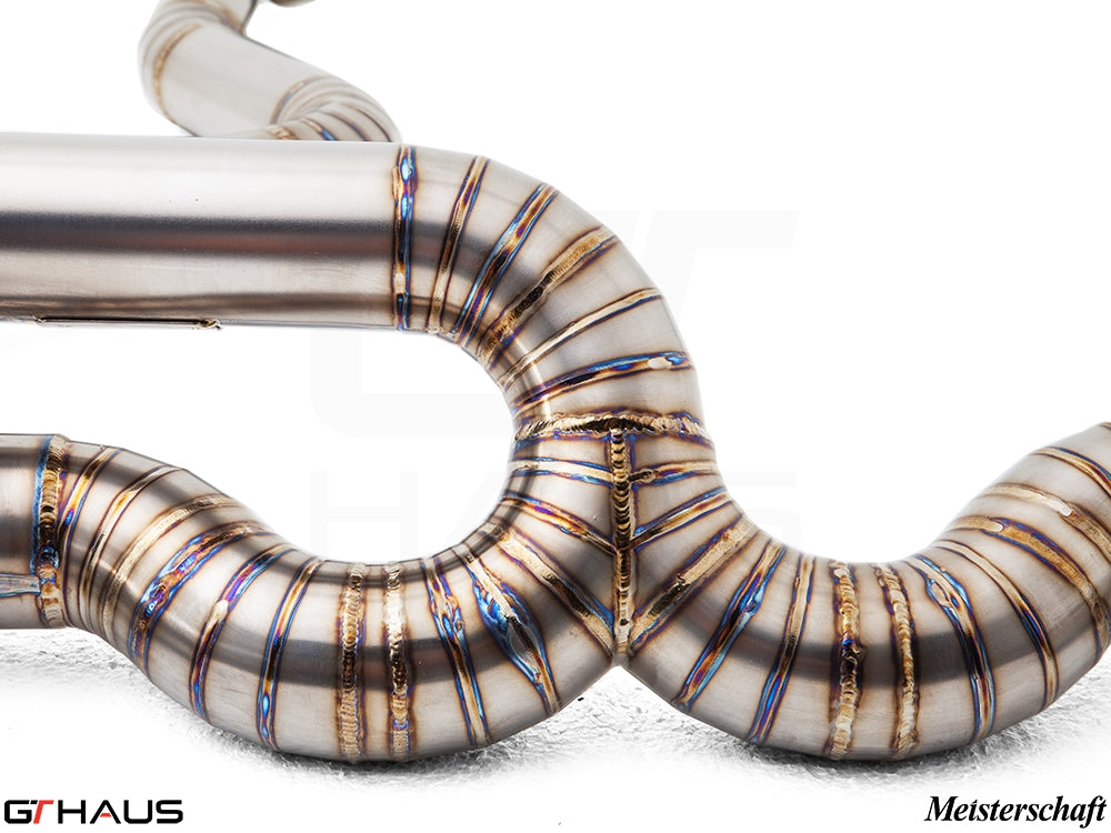 Premium performance exhaust system for BMW E82/88 1 Series 1M, showcasing precision welds and high-quality stainless steel.