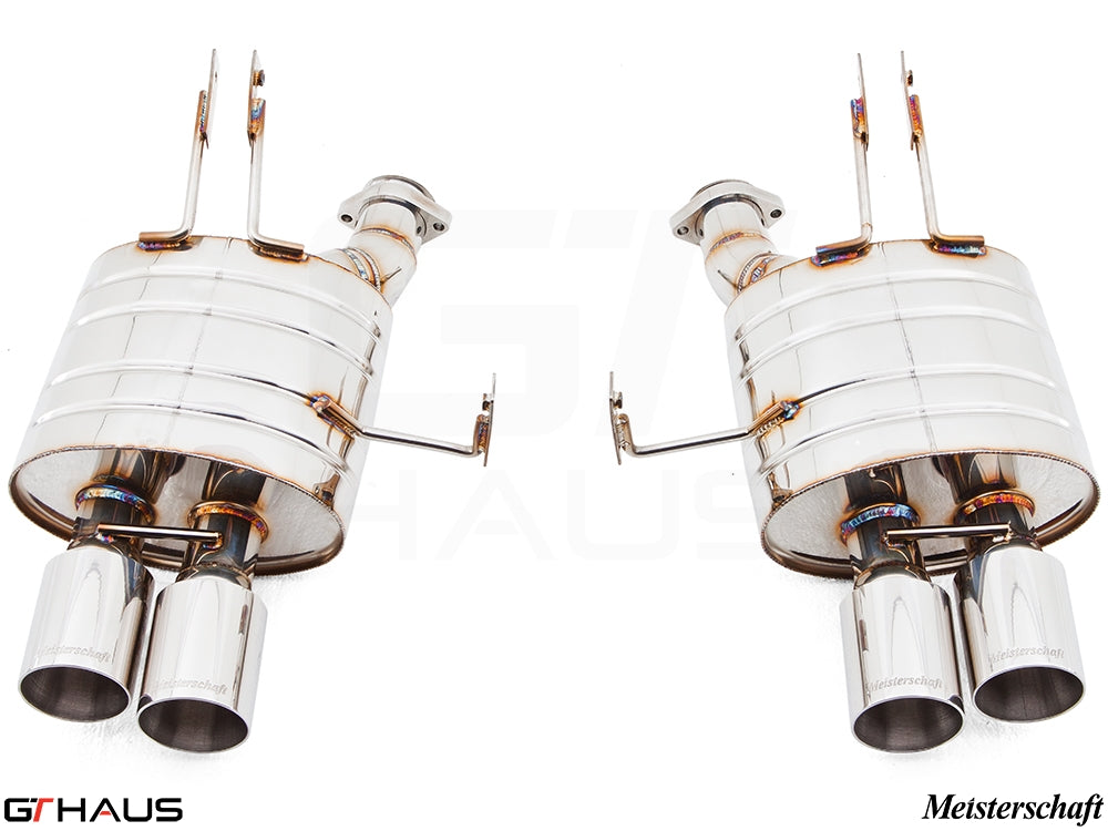 Premium Meisterschaft exhaust system for BMW E85/86 Z4M S54, featuring polished stainless steel and dual tips.
