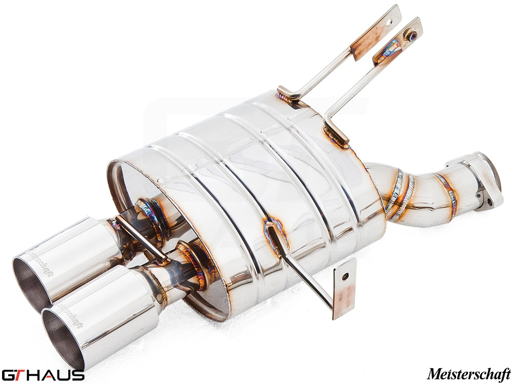 Premium Meisterschaft exhaust system for BMW E85/86 Z4M, featuring polished stainless steel and dual tips.
