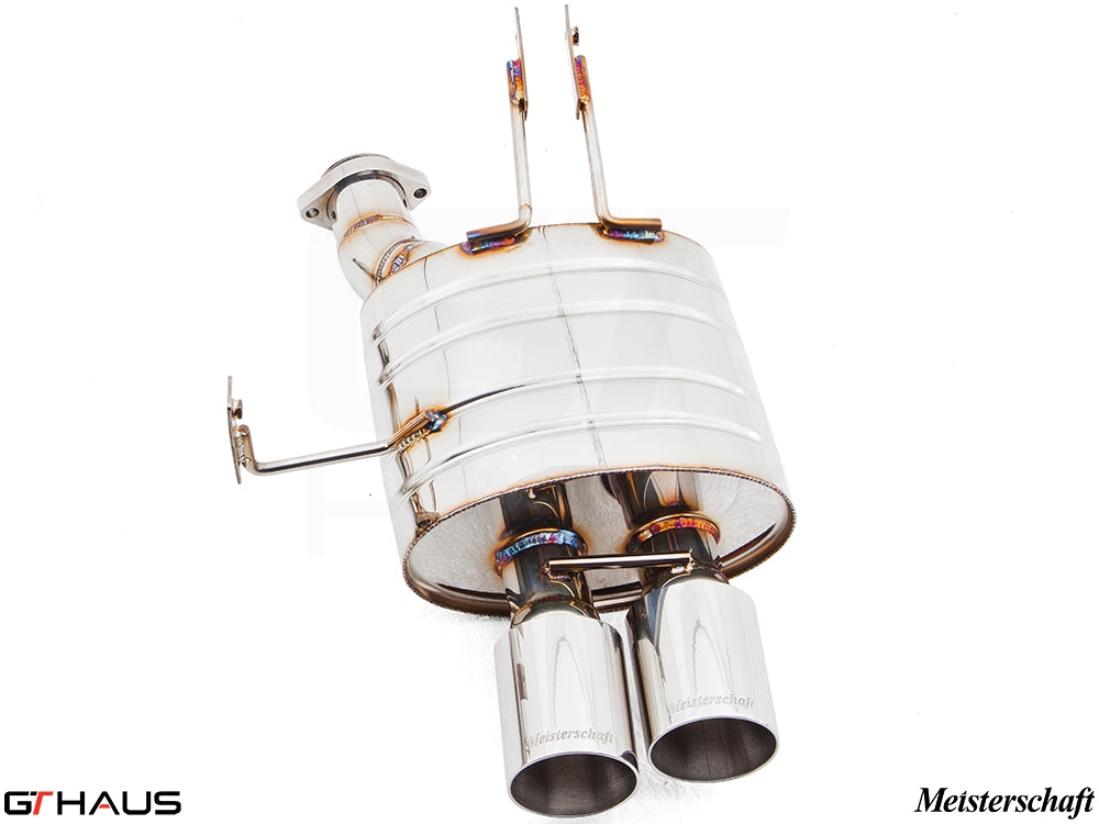 Premium Meisterschaft exhaust system for BMW E85/86 Z4M, featuring polished stainless steel and dual tips.