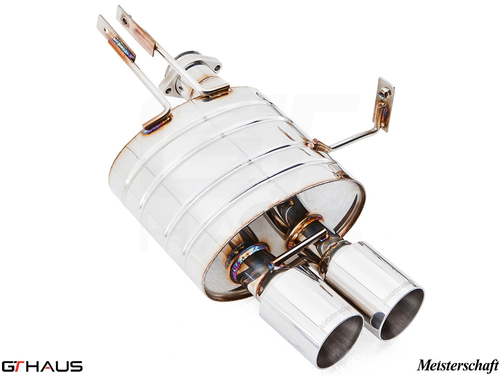 Premium Meisterschaft exhaust system for BMW E85/86 Z4M, featuring polished stainless steel and dual tips.