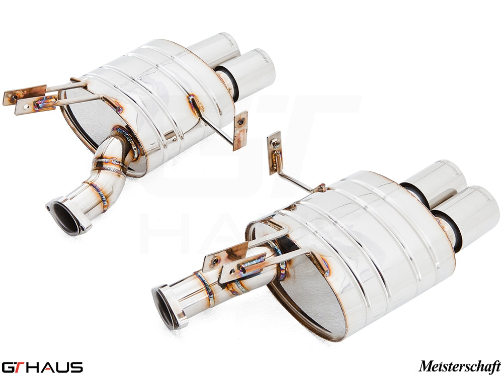 Premium Meisterschaft exhaust system for BMW E85/86 Z4M S54, featuring polished stainless steel and dual tips.