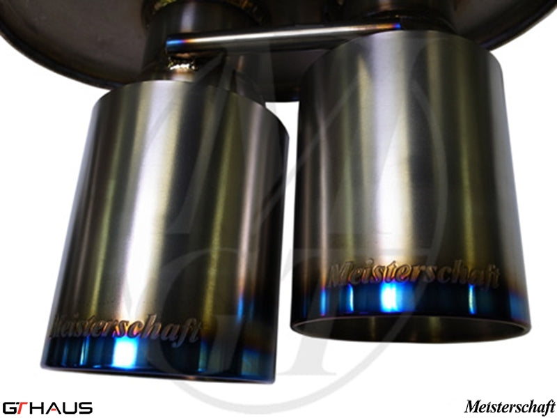 Premium Meisterschaft exhaust tips for BMW E85/86 Z4M, featuring a polished finish and engraved branding.