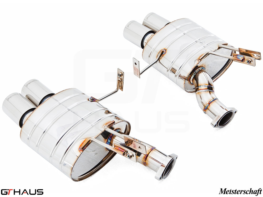 Premium Meisterschaft exhaust system for BMW E85/86 Z4M, featuring polished stainless steel and dual tips.