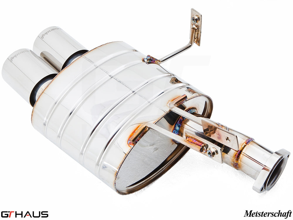 Premium stainless steel exhaust system for BMW E85/86 Z4M, featuring dual tips and Meisterschaft branding.