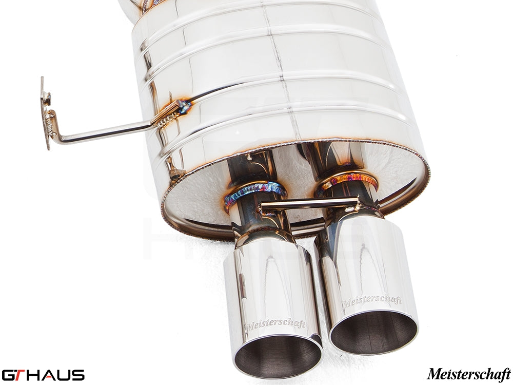 Meisterschaft exhaust system for BMW E85/86 Z4M featuring polished stainless steel tips and electronic valve control.