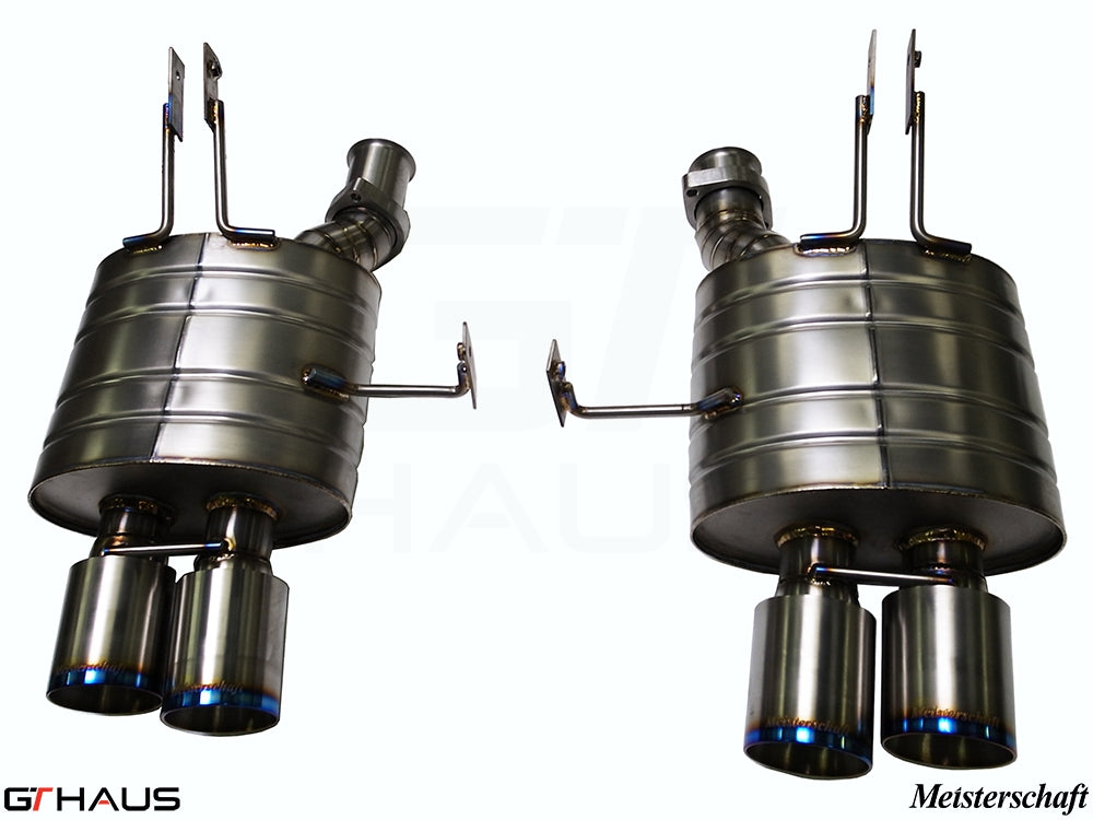 Premium Meisterschaft exhaust system for BMW E85/86 Z4M, featuring dual tips and stainless steel construction.