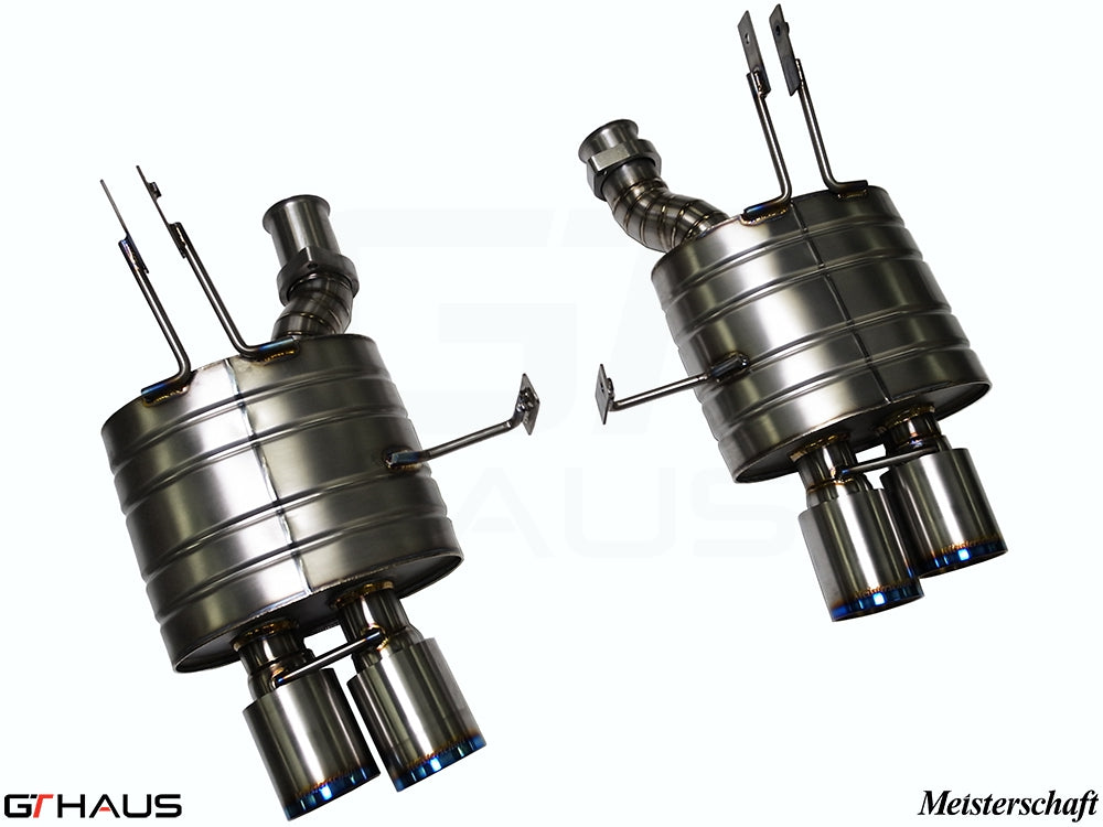 Premium Meisterschaft exhaust system for BMW E85/86 Z4M, featuring dual tips and stainless steel construction.