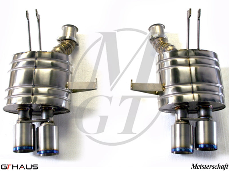 Premium Meisterschaft exhaust system for BMW E85/86 Z4M, featuring stainless steel construction and quad tips.