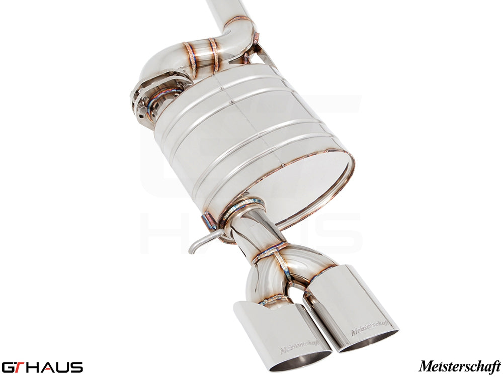 Premium Meisterschaft exhaust system for BMW E89 Z4 3.5i/is, featuring polished stainless steel and dual tips.