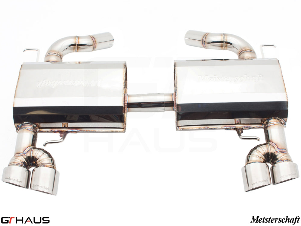 Premium Meisterschaft exhaust system for BMW E90/91/92/93 335i/xi models, featuring dual tips and stainless steel construction.