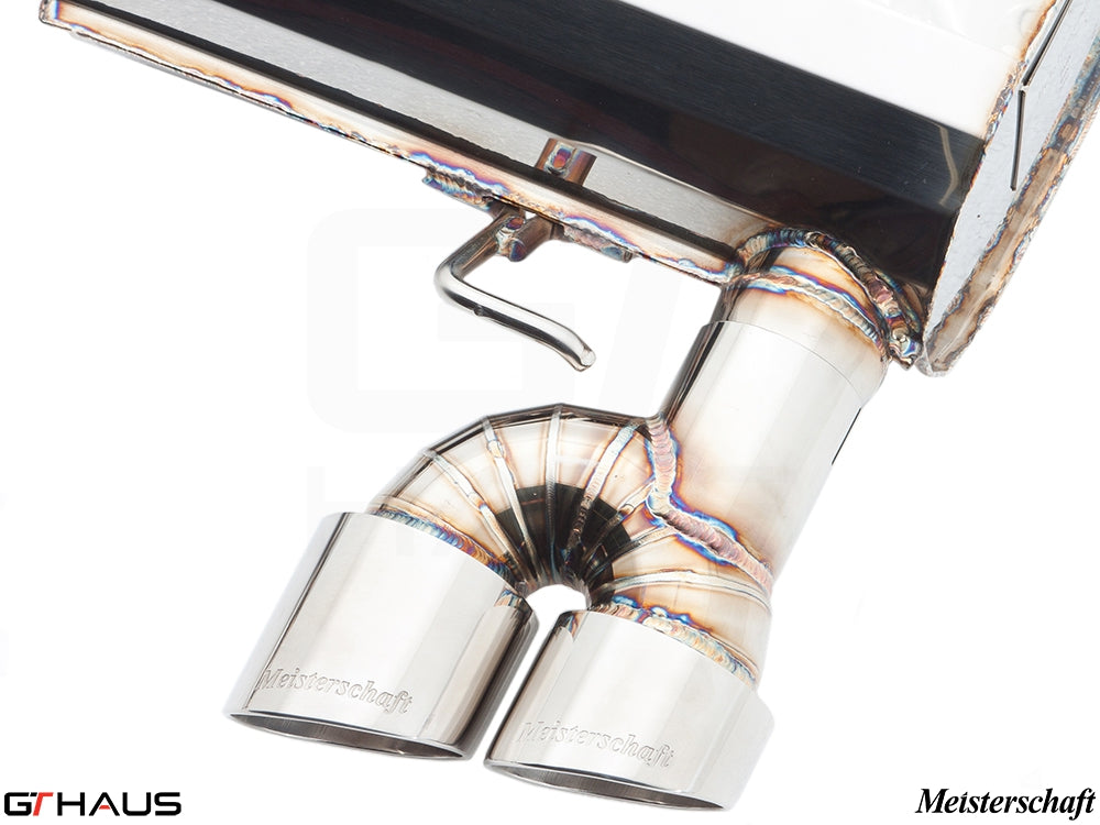 Premium Meisterschaft exhaust system for BMW E90/91/92/93 335i/xi featuring polished stainless steel tips.
