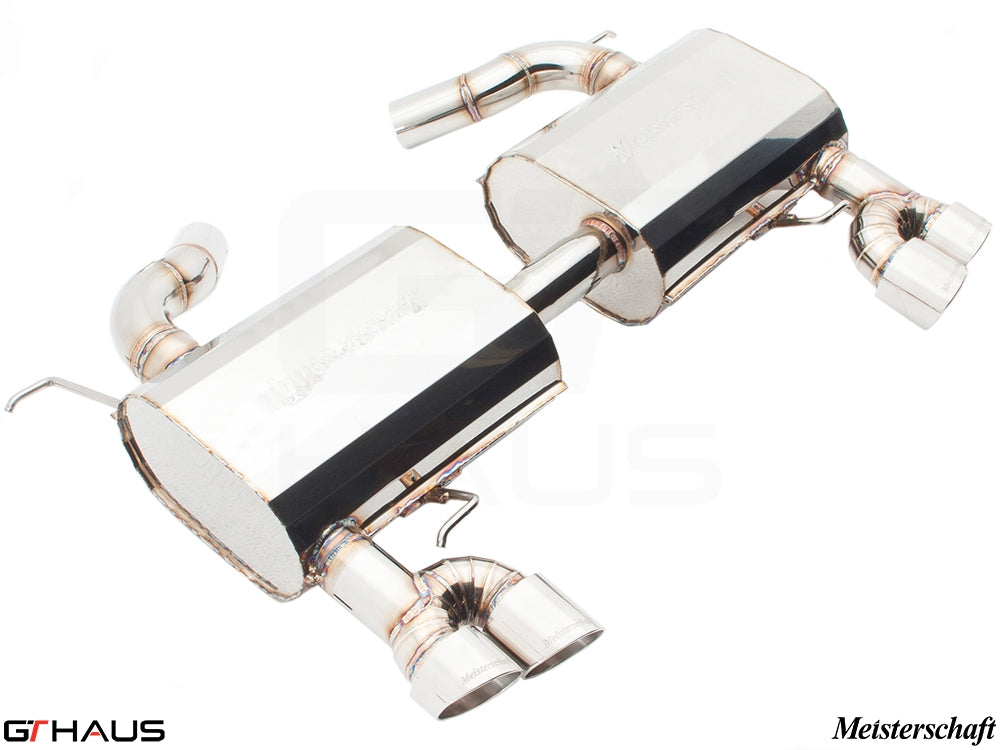 Premium Meisterschaft exhaust system for BMW E90/91/92/93 335i/xi models, featuring polished stainless steel construction.