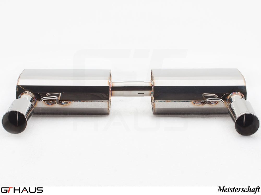 Premium exhaust system for BMW E90/91/92/93 335i/xi models, featuring polished stainless steel and dual tips.