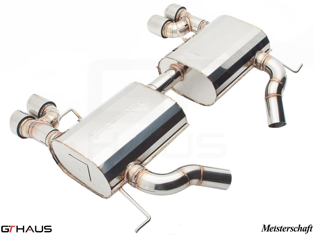 Premium exhaust system for BMW E90/91/92/93 335i/xi models, featuring stainless steel construction and dual tips.