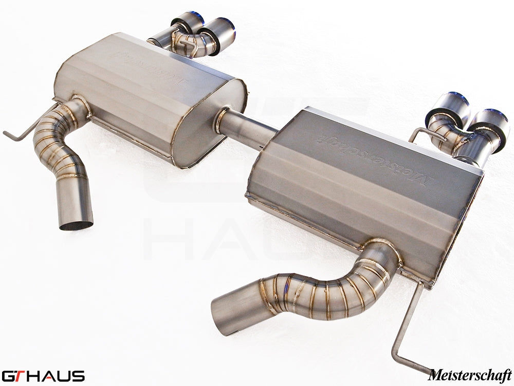 Premium performance exhaust system for BMW E90/91/92/93 335i/xi models, featuring stainless steel construction and dual tips.