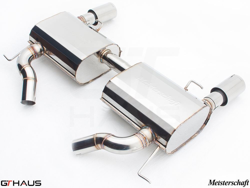 Premium Meisterschaft exhaust system for BMW E90/91/92/93 335i/xi models, featuring polished stainless steel construction.