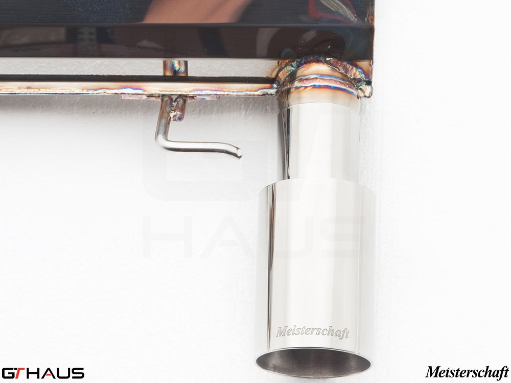 Premium Meisterschaft exhaust tip for BMW E90/91/92/93 335i models, showcasing high-quality stainless steel craftsmanship.