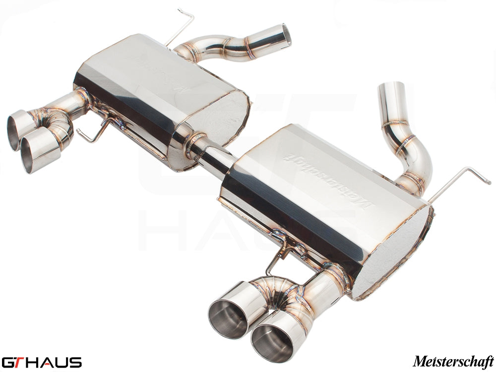 Premium performance exhaust system for BMW E90/91/92/93 335i/xi models, featuring stainless steel construction and dual tips.